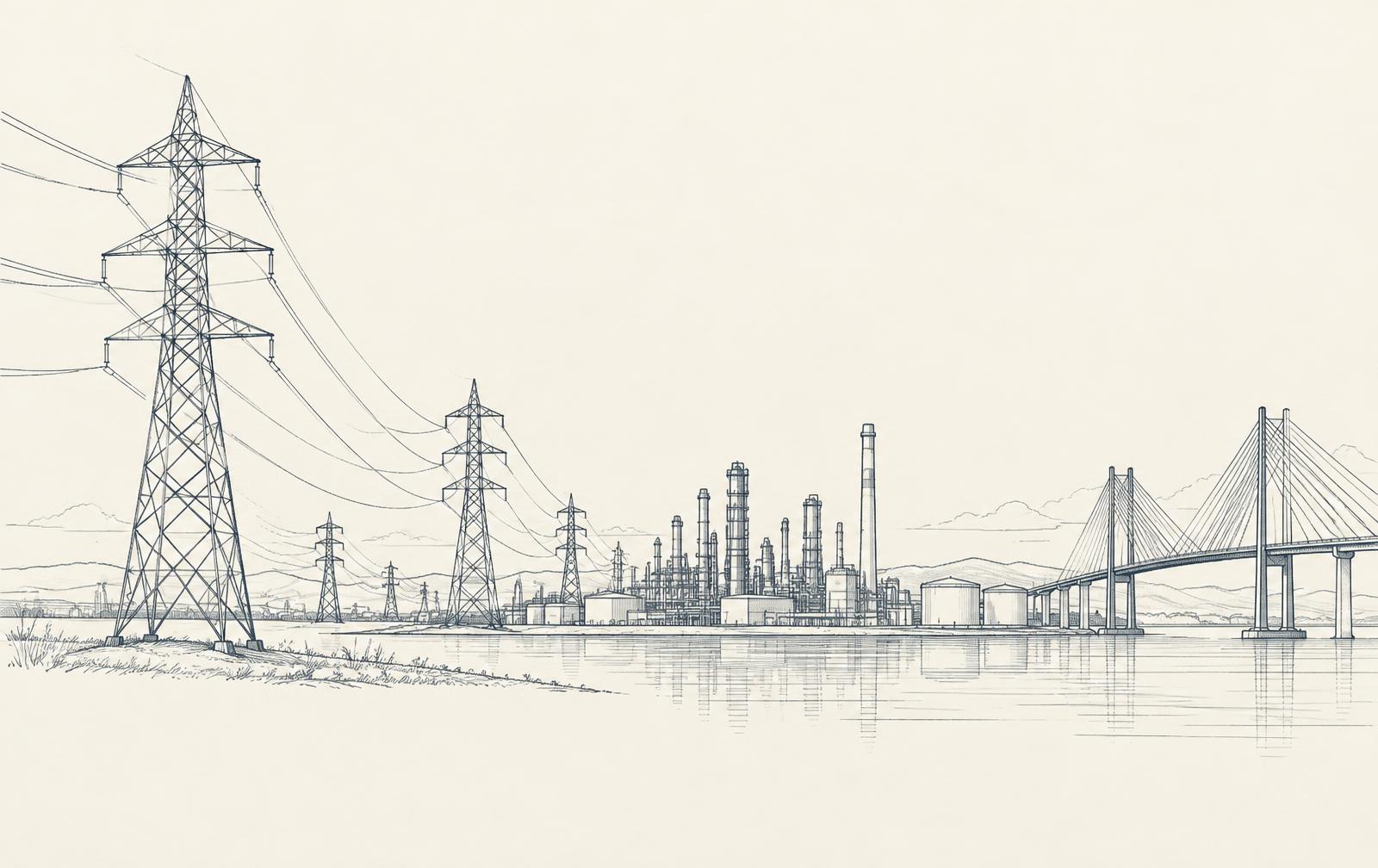 Line drawing of transmission towers, an industrial skyline and a bridge